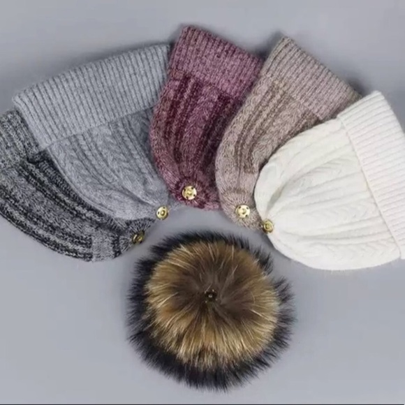 Wine Angora Fur Pompom Cable Knit Beanie - Picture 3 of 5